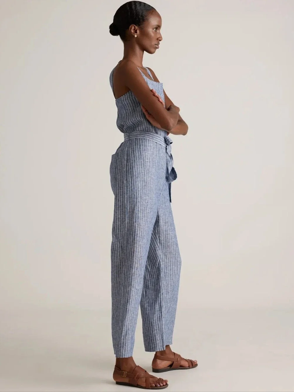 Quince 100% European Linen Square Neck Jumpsuit In Chambray Stripe